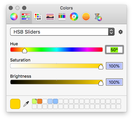 A macOS color picker window showing HSB sliders