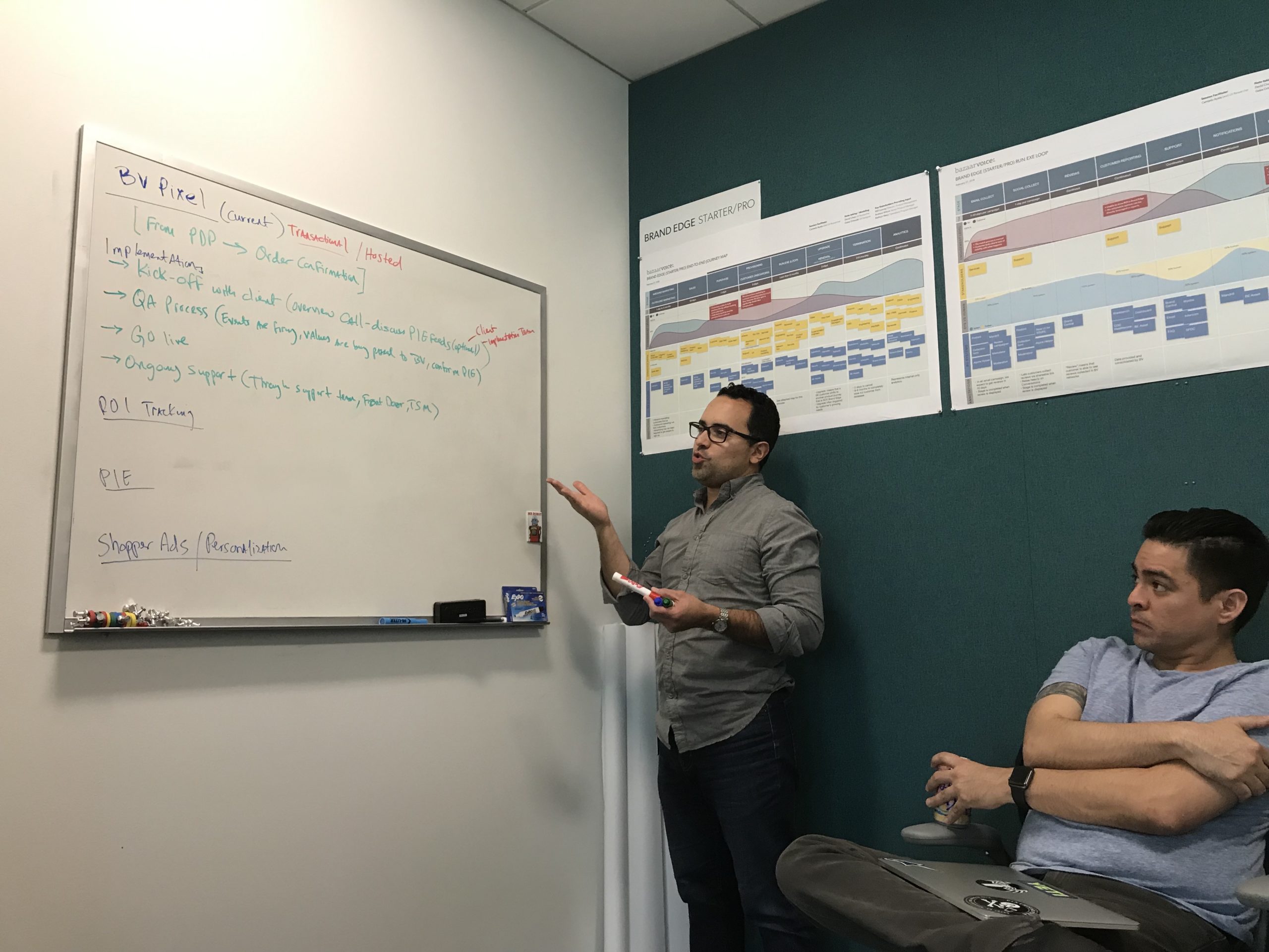 User researcher points at whiteboard during journey mapping session