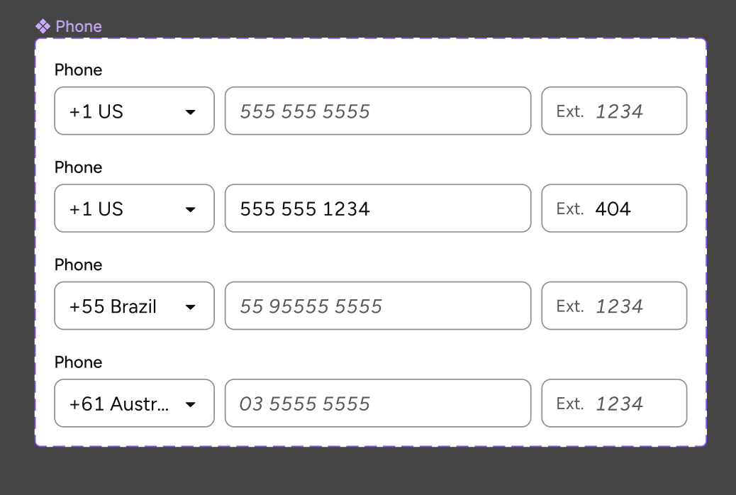 A Figma component for a telephone number, with 4 variants: US empty state, US filled, Brazil example, and Australia example. Each includes an international prefix selector, a number field with placeholder in the locale's format, and a field for extension.