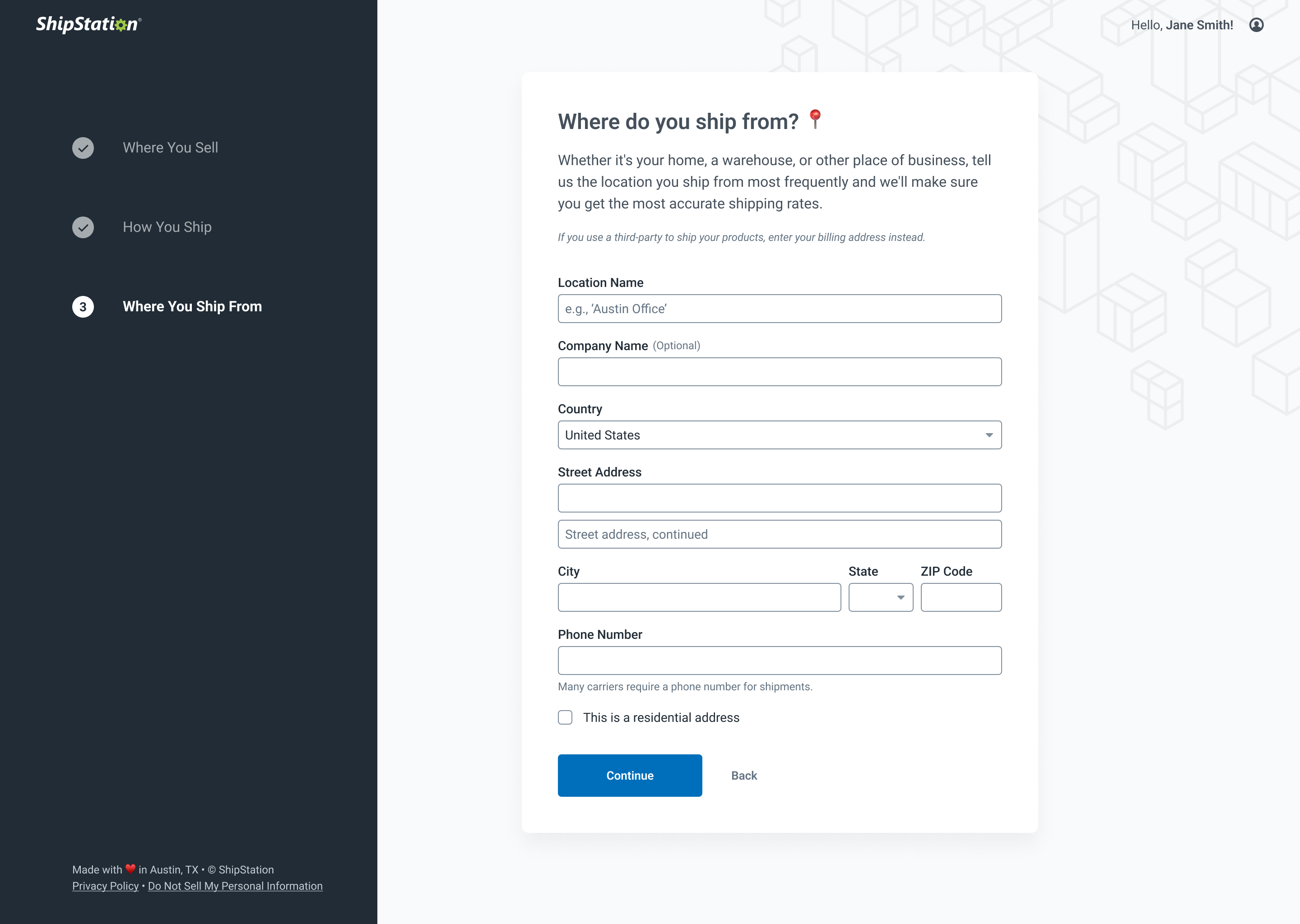 Setup step 3, gathering Ship From information, required for creating labels and setting up carrier accounts