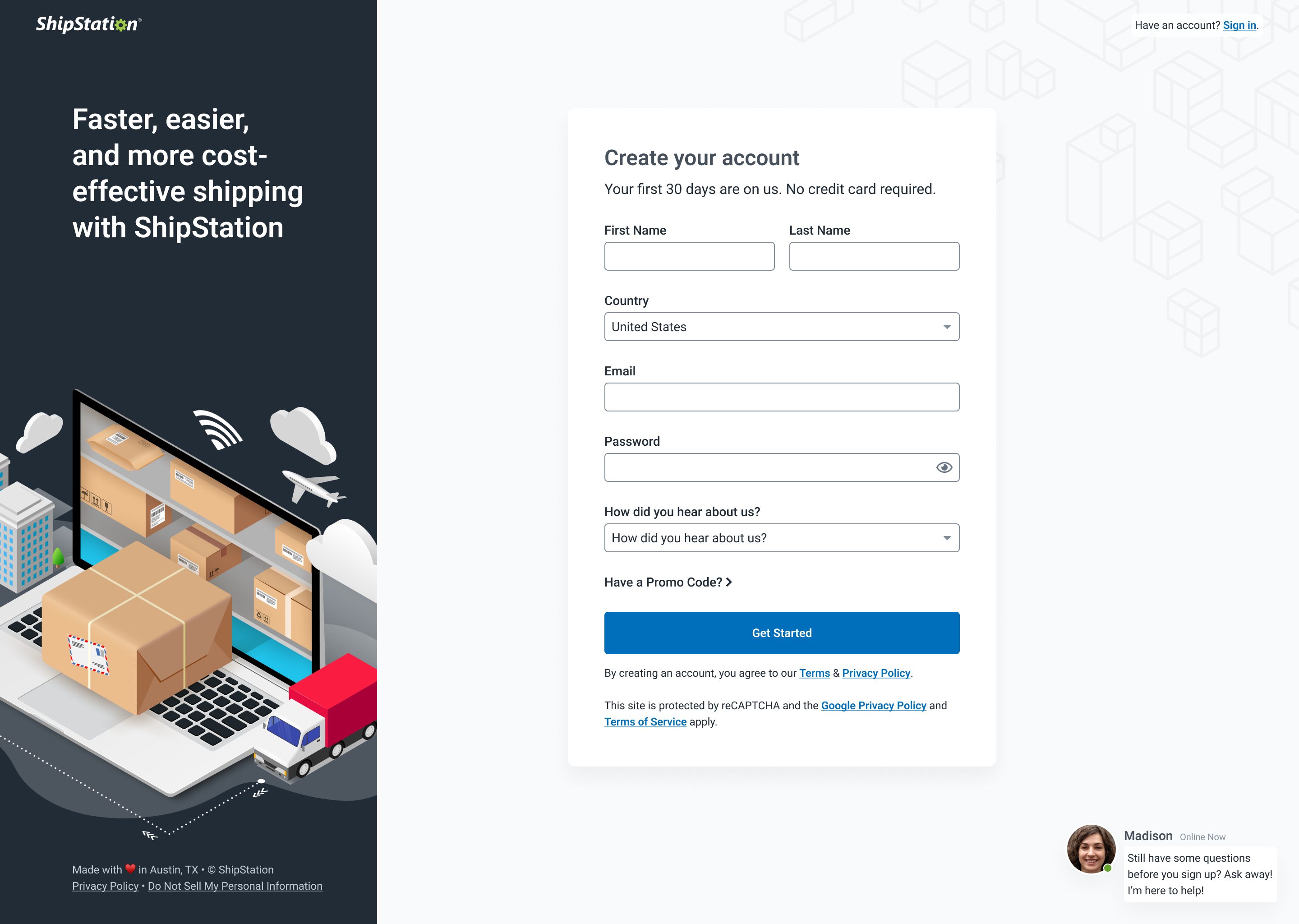 The first page of the signup flow, in this case showing more fields than we deemed necessary but provided for A/B testing