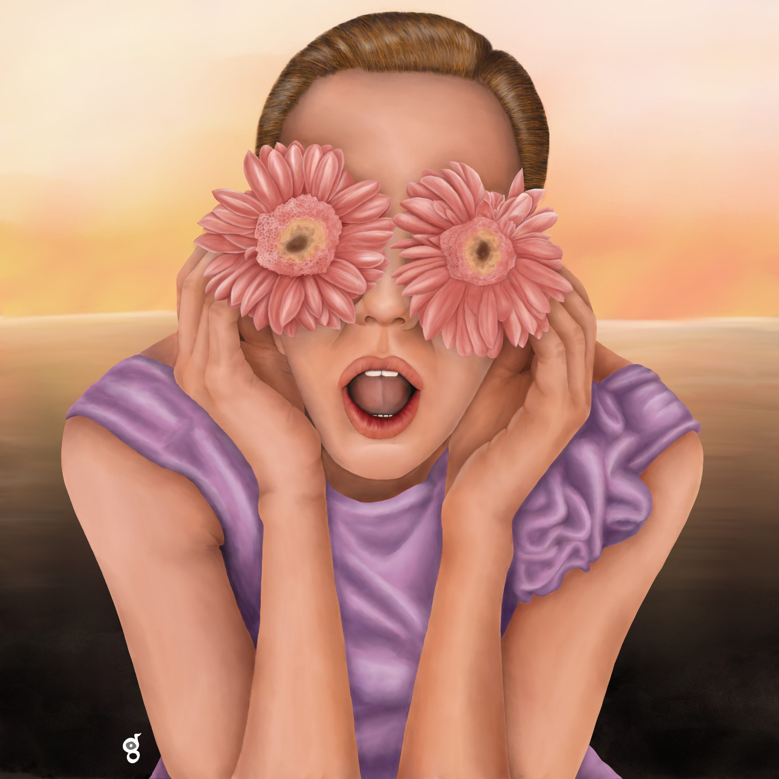 Painting of a woman holding flowers in place of her eyes, with the stamen and petals creating surreal substitute eyes