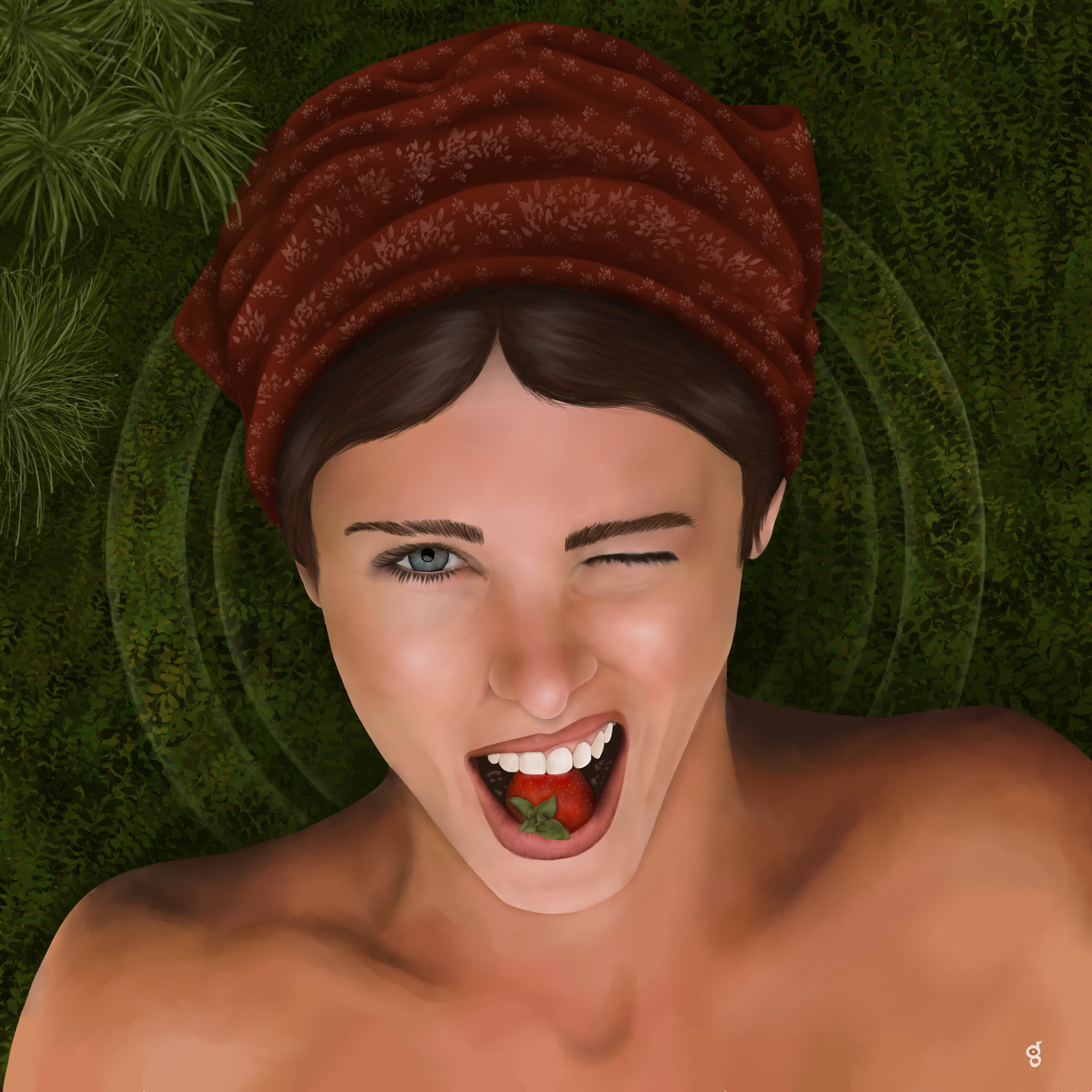 Painting of woman from above, winking and eating a strawberry