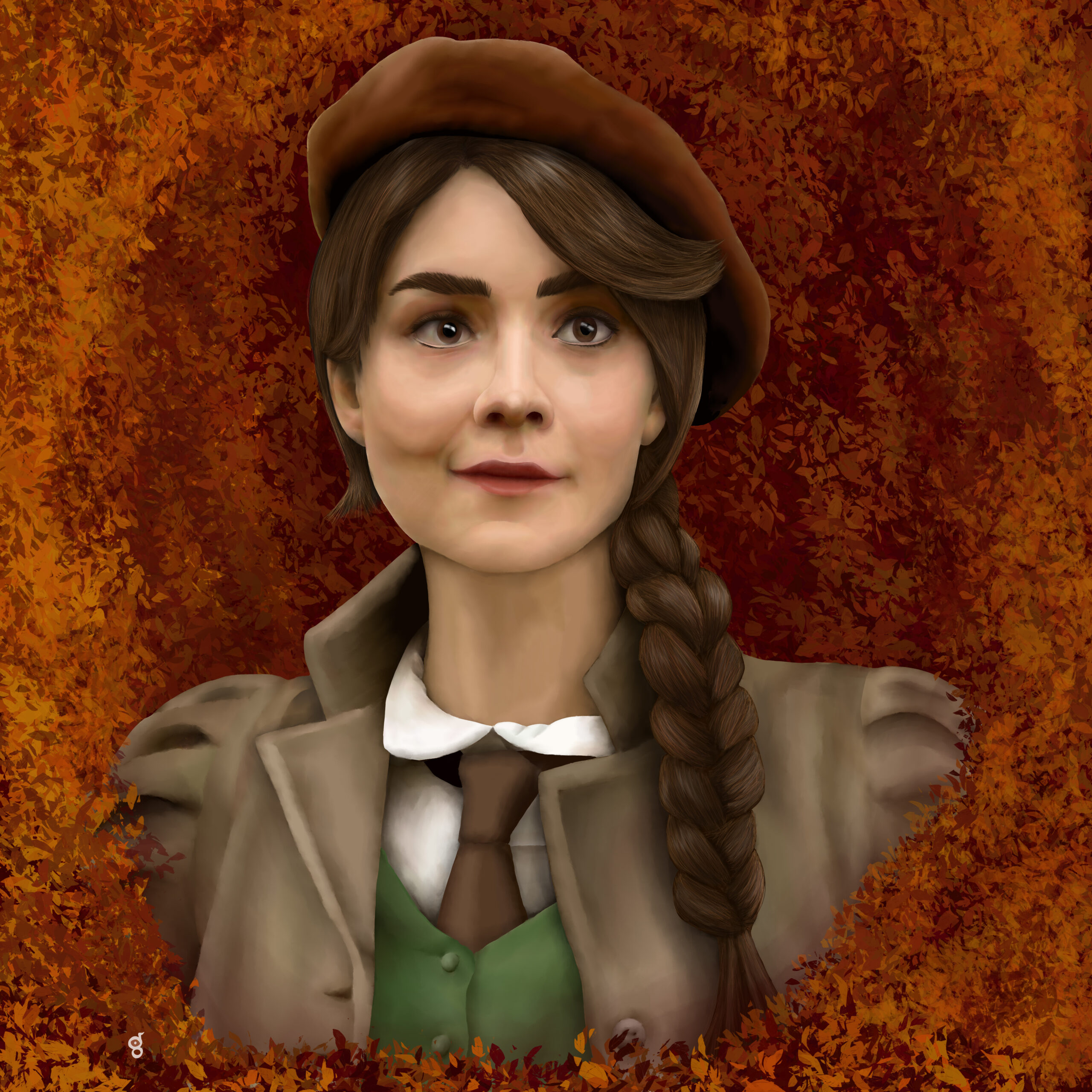 A woman in vintage wear in an autumnal setting. Painting.