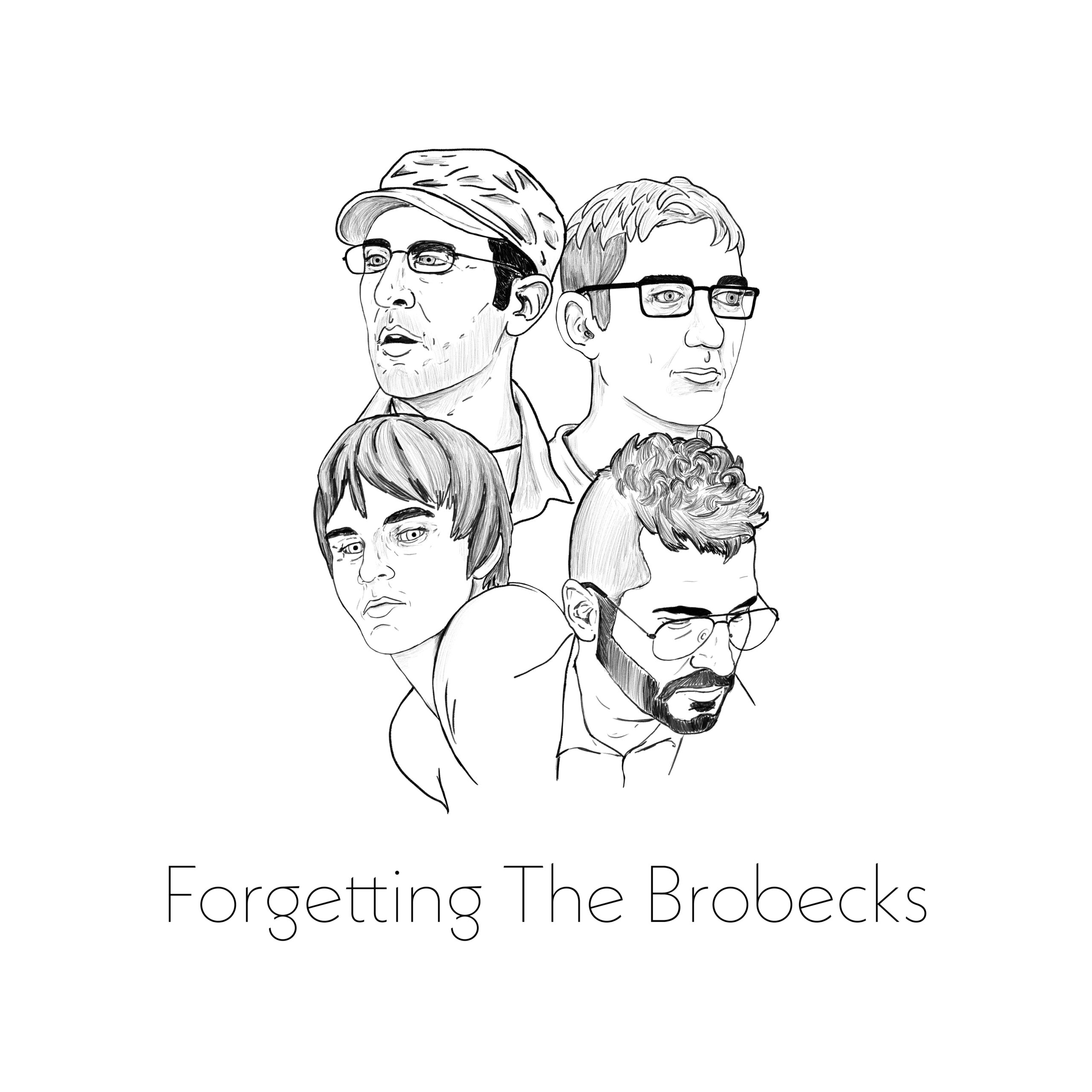 Pen sketch of four members of the band The Brobecks, circa 2005