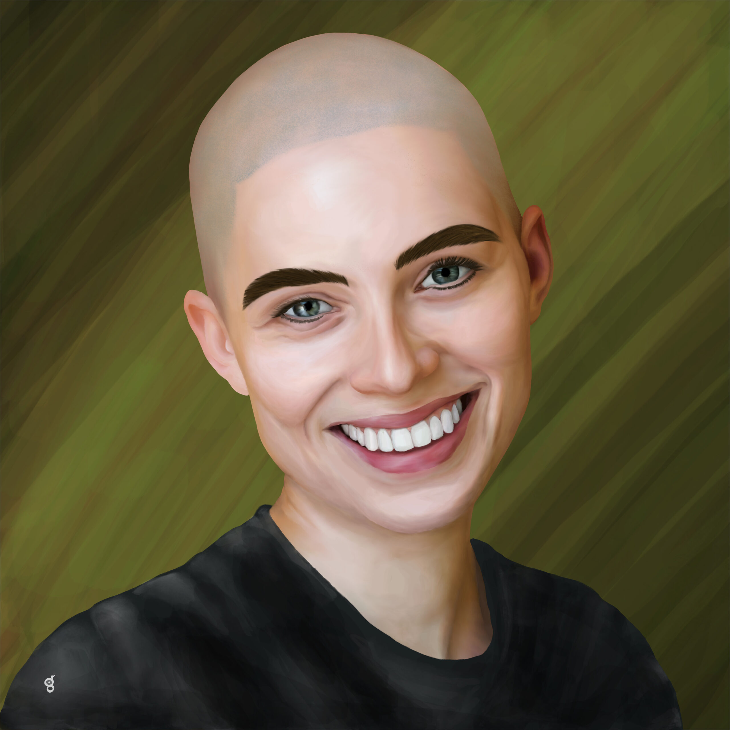 A nonbinary model with a shaved head and prominent dark eyebrows, smiling