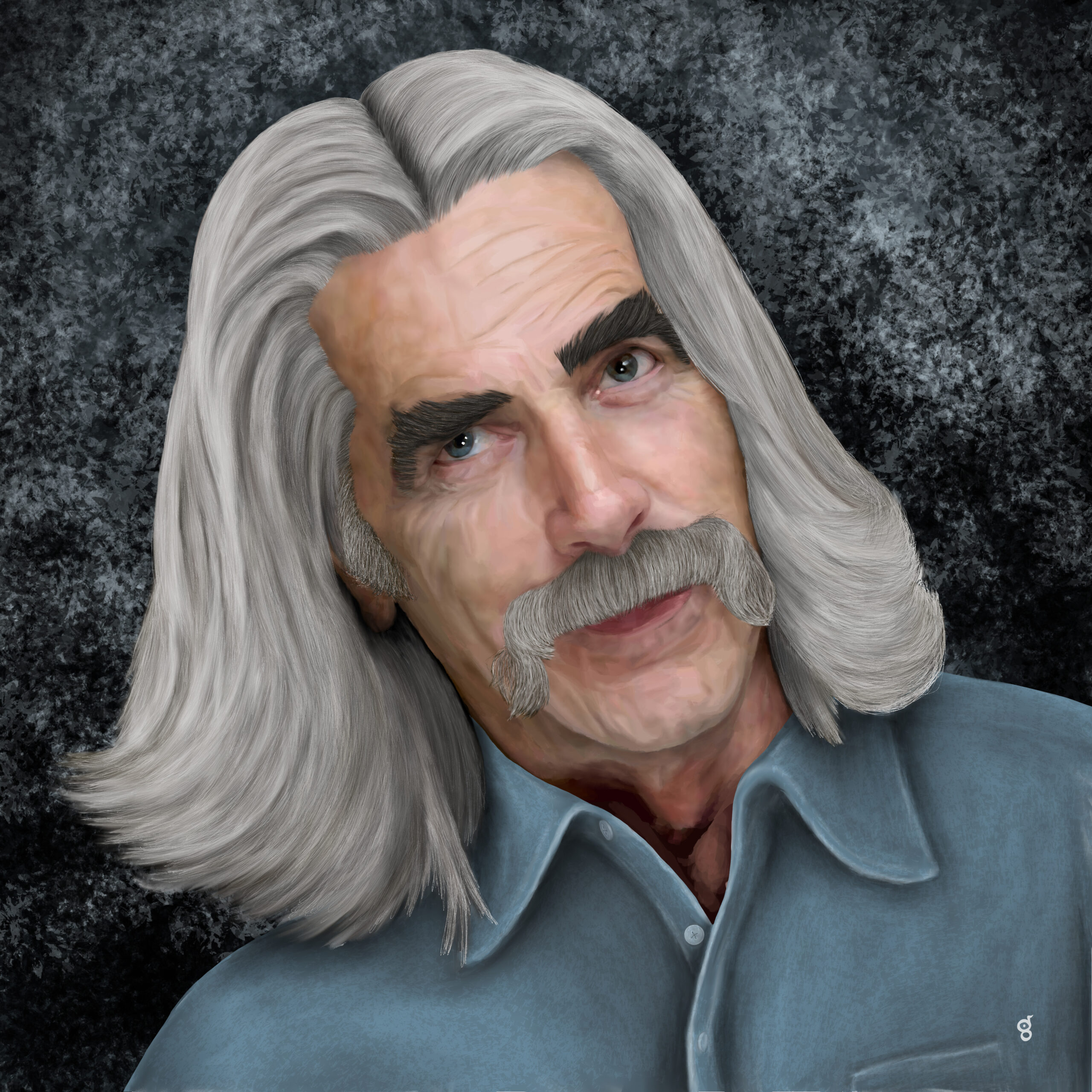 Painting of actor Sam Elliott with signature bushy moustache