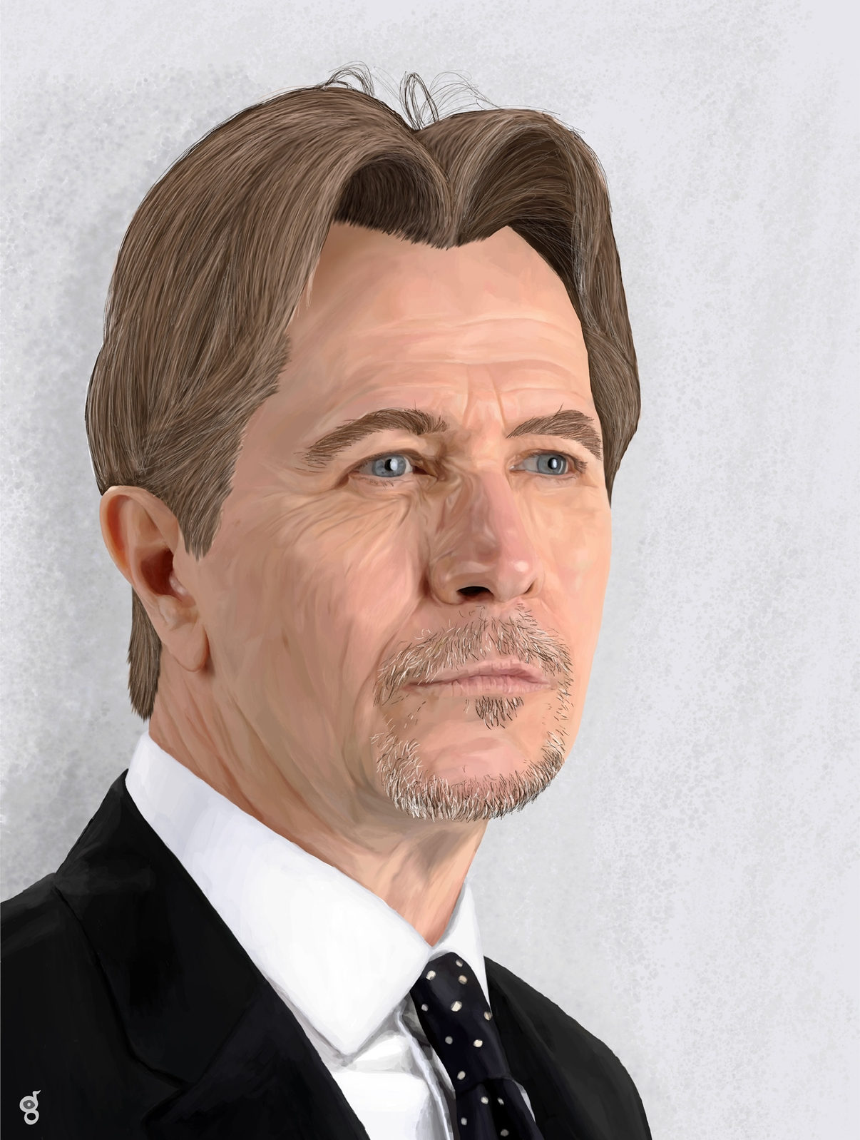 Gary Oldman from a a red carpet photoshoot. Circa 2015, with a scruffy goatee and dapper suit. Watercolor painting.