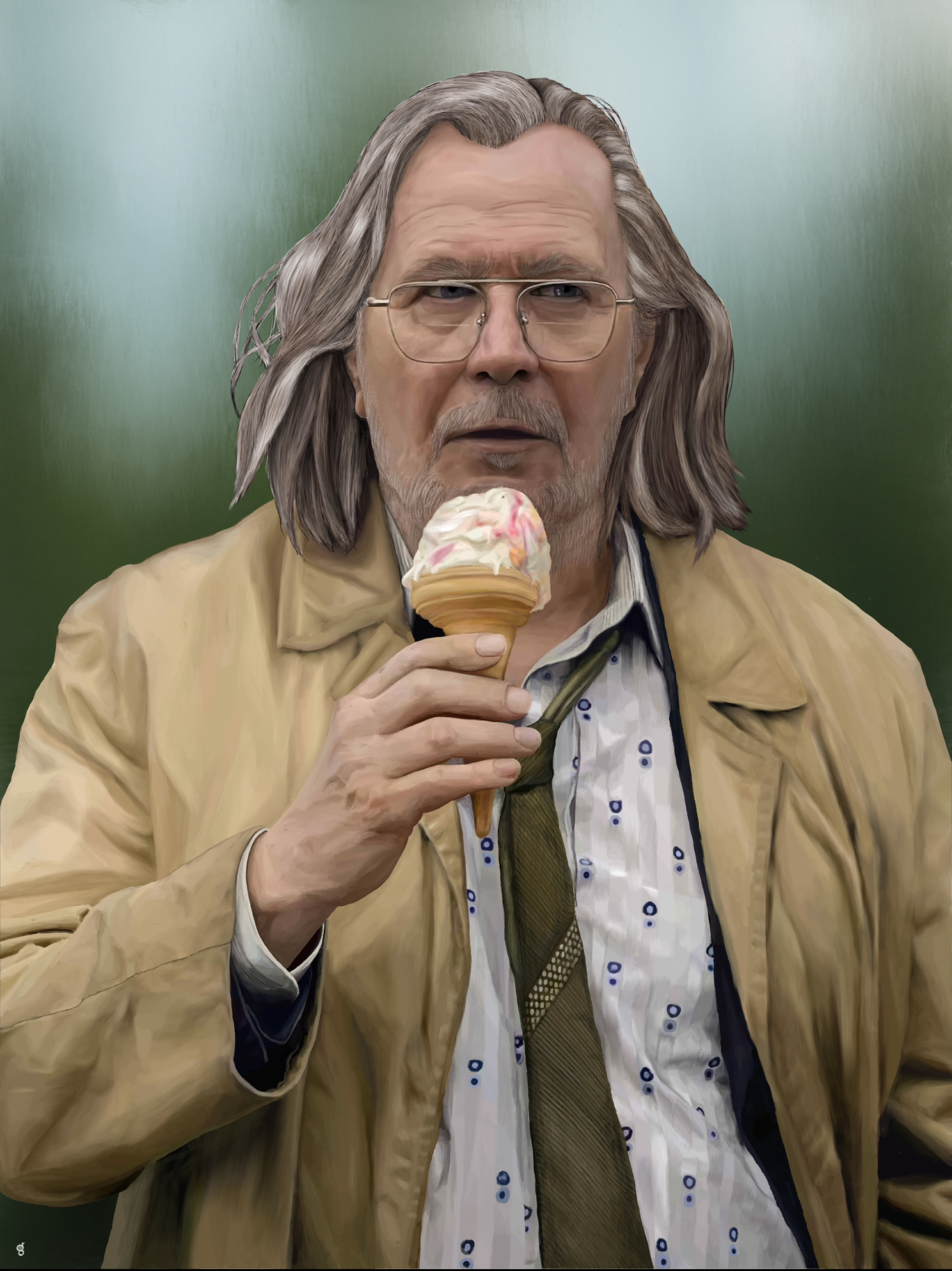 Gary Oldman as Jaskcon Lamb, a disheveled intellegence officer eating an ice cream cone. From the show Show Horses.