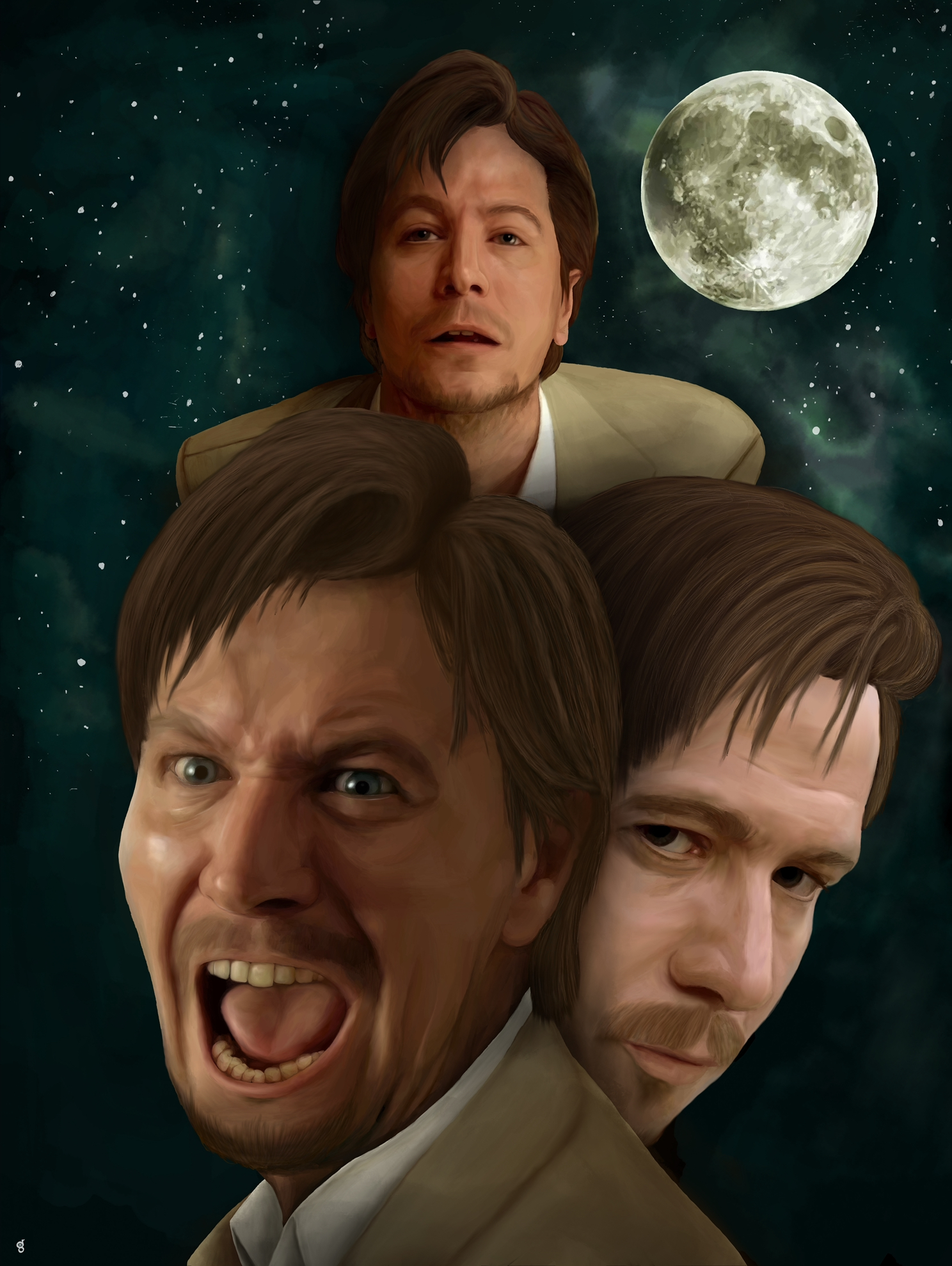 Imagine the three wolves howling at the moon meme, but instead it's iconic shots of Gary Oldman's character from The Professional. Moon included.